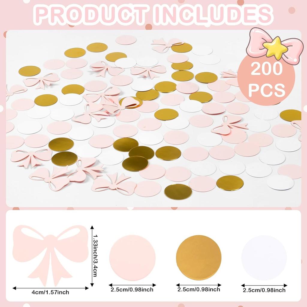 200 Pcs Pink Bow Confetti Table Decoration, Gold Dot Paper Pink Confetti for Birthday Bachelorette Engagement Wedding Bridal Shower Baby Shower Party