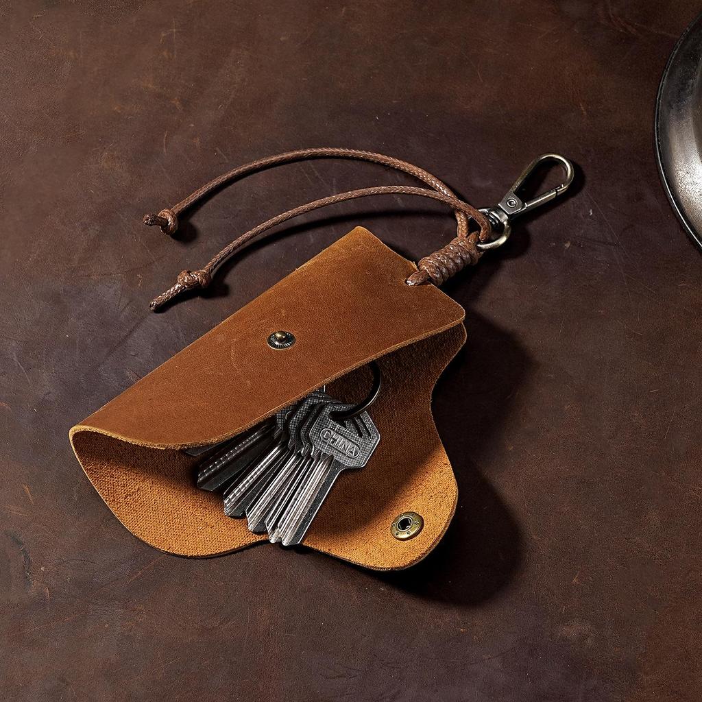 Unisex Crazy Horse Leather Car Key Holder - Retro Cowhide Key Storage Case