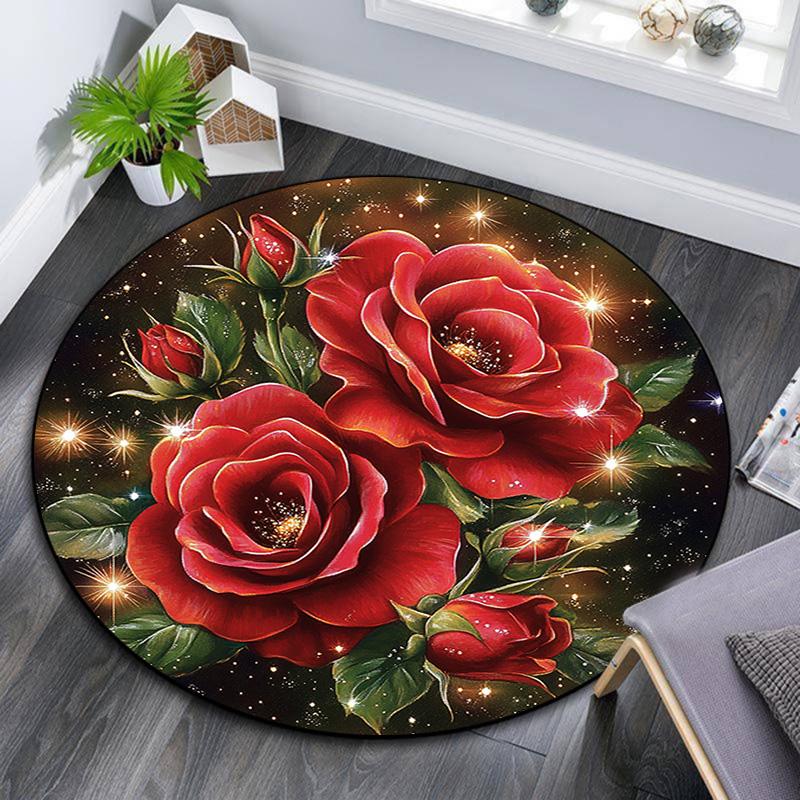 Red Roses Round Area Rug,Carpet Rug for Living Room Bedroom Sofa Playroom Decor,Non-slip Floor Mat