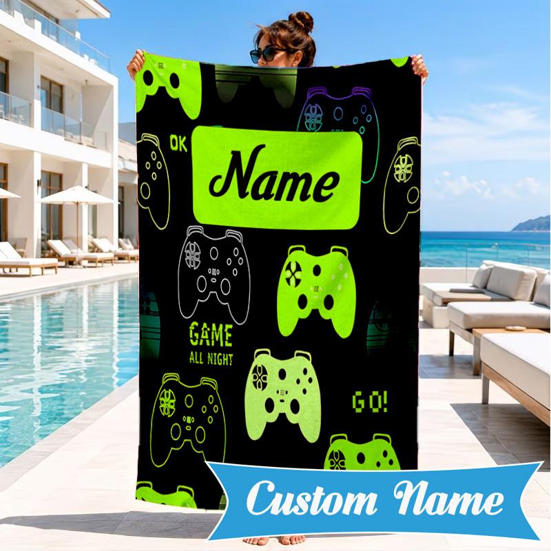 Custom Name Neon Game Controller Beach Towel Microfiber Beach Towel, Lightweight and Quick-Dry, for Summer Travel, Swimming Pool Gift