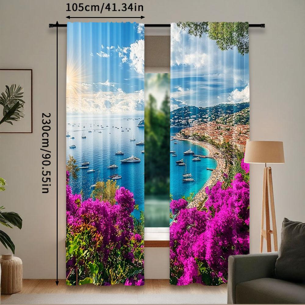 2Pcs French Riviera Coast View Curtains Medieval Town Landscape Curtains Sunshine Blue Sky Beach Curtains A
