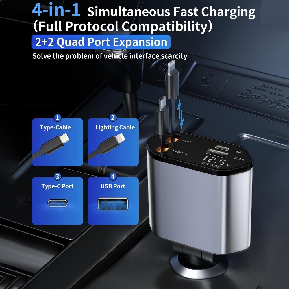 100W PD Fast Car Charger with Digital Display, 4-Port USB C Auto Adapter with Built-in Retractable Type-C & Lightning Cables