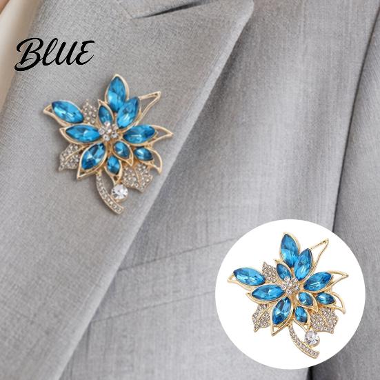 Floral Brooch for Women Pin Women, Three-Dimensional Orchid Shape Lapel with Large Blue Rhinestones, Outfit Badge Dresses Coats Scarves Banquets