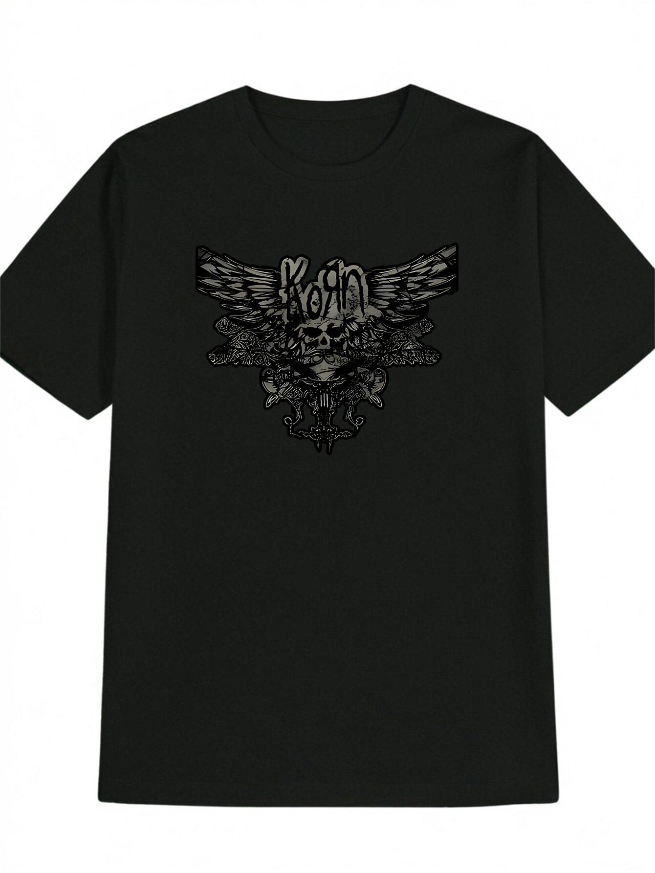 Casual Short Sleeve T-shirt with Skull & Wings Print - Black Round Neck Summer Top S