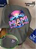 Unisex Rundhals Kurzarm T-Shirt Miami Palme Sonnenuntergang Farbverlauf Buchstabe Grafik T-Shirts Tropischer Strandurlaub Lässige Lockere Oberteile