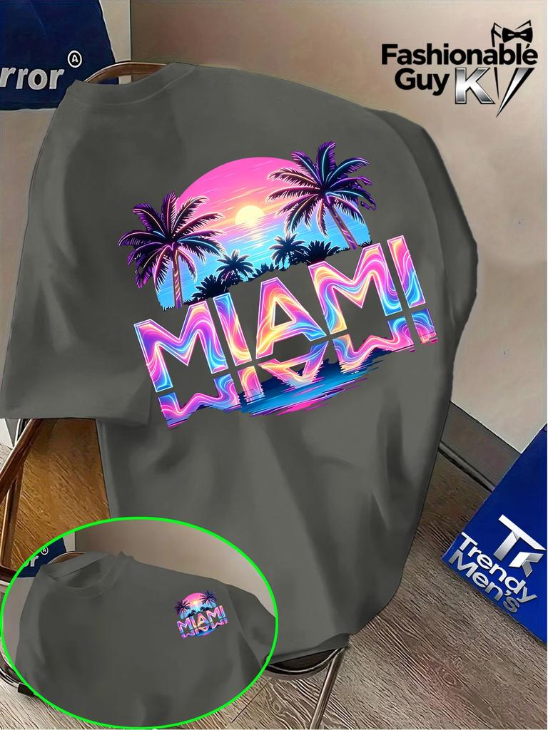 Unisex Rundhals Kurzarm T-Shirt Miami Palme Sonnenuntergang Farbverlauf Buchstabe Grafik T-Shirts Tropischer Strandurlaub Lässige Lockere Oberteile