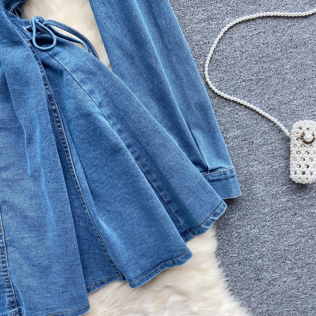 Vintage Denimrock Taillengürtel Taille Temperament Geknöpft Figurbetontes Kurzkleid