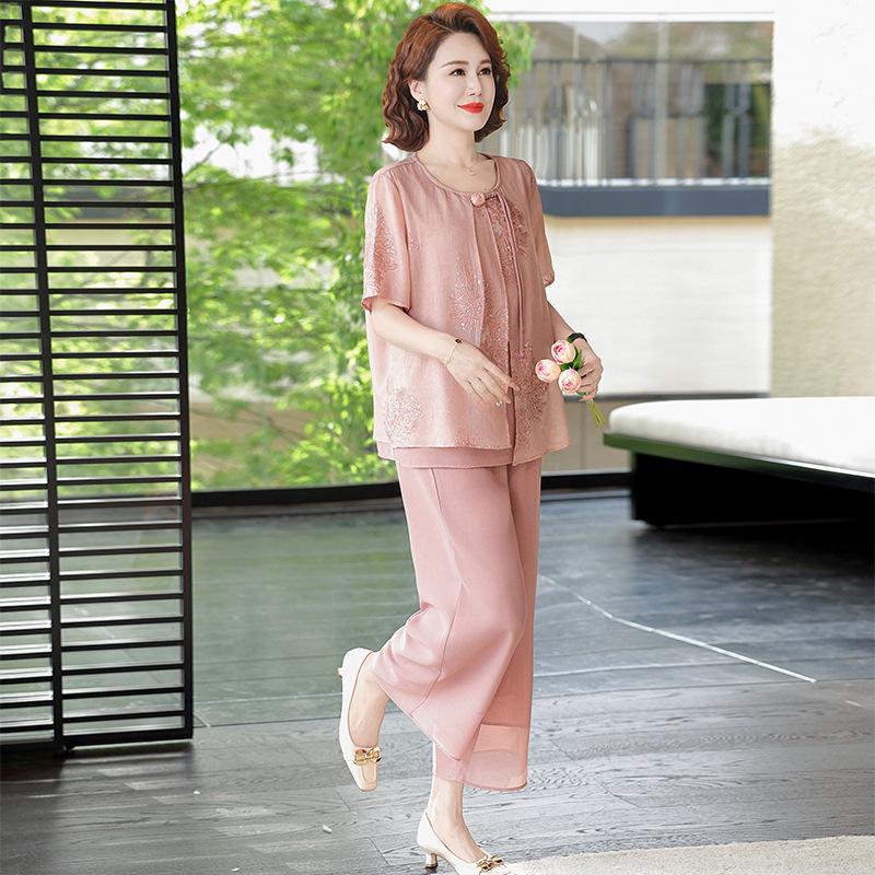 

Mom s Stylish 2026 Chiffon Blouse - New Chinese Style Summer Short-Sleeve Top for Middle-Aged & Elderly Women 5XL (for 145-160 Jin)