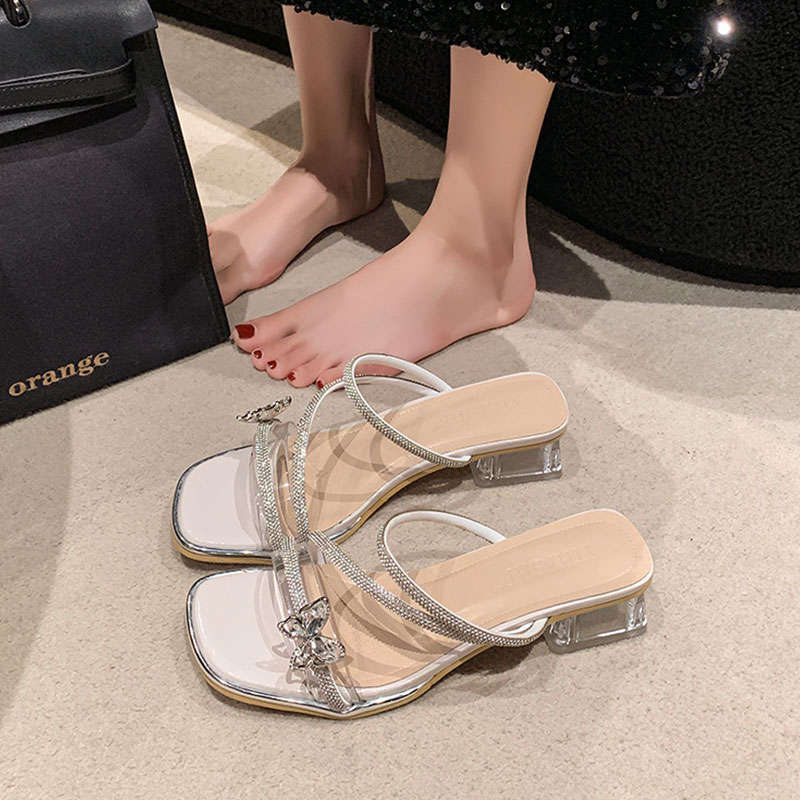 Feenwind Schleife Strass Temperament High Heel Kristall Sandalen Damen Sommerbekleidung 2025 neue französische Blockabsatz Pantoletten