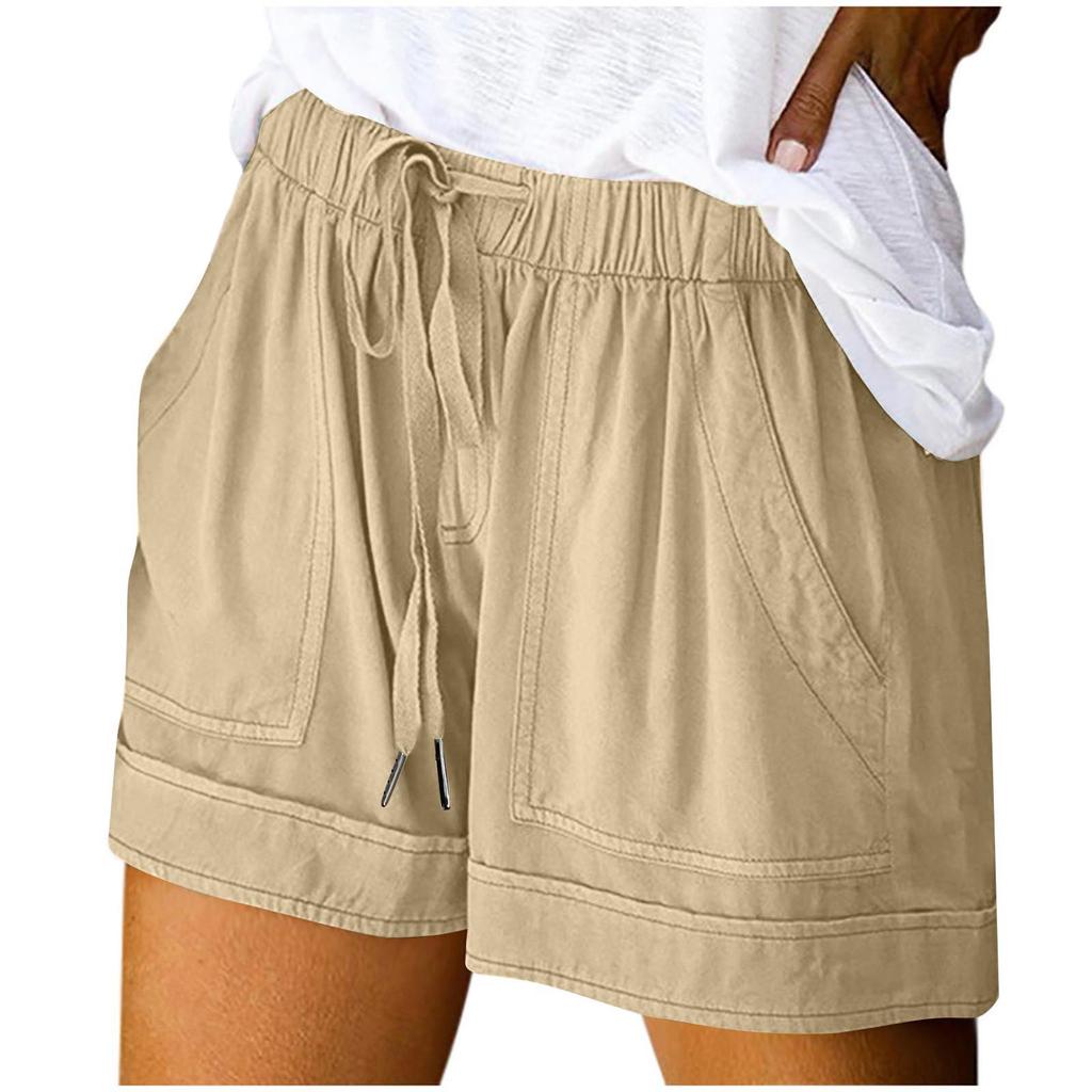 Women's Fashion Solid Color Drawstring Strap Pocket Casual Shorts