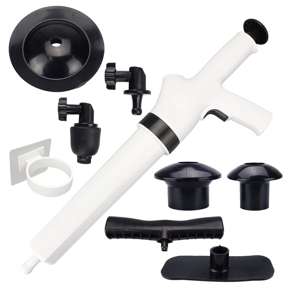 Pipe Cleaner Gun Super Gun Unclogging Toilet Sink Drain Pressurized 5 Types of Plugs with Storage Holder
