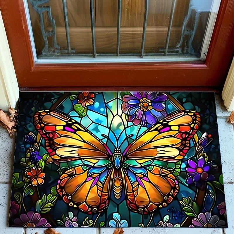 Outdoor Mat Stained Glass Butterfly Floral Design Non-Slip Mat Mat Entryway Kitchen Bathroom Balcony Vibrant Colors Home Decor