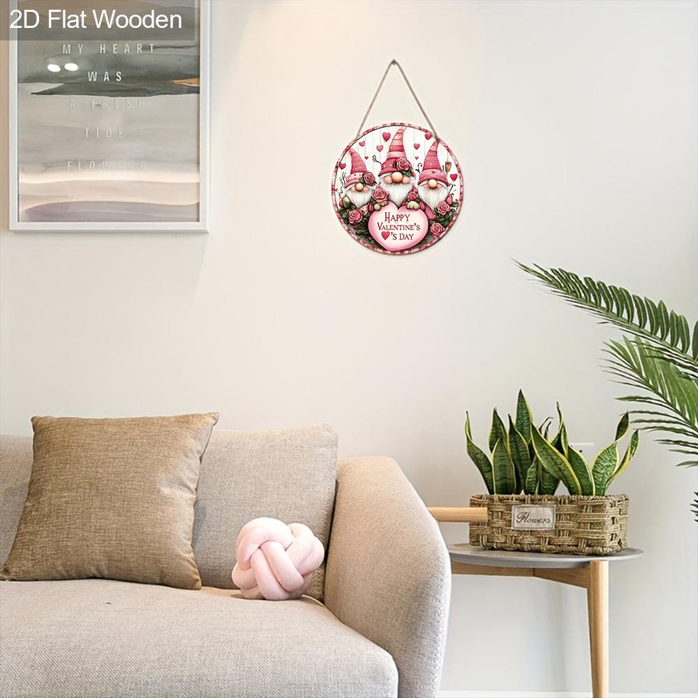 Pink Valentine's Day Wooden Sign with Adorable Gnomes Pattern - Romantic Round Sign for Front Door Wall Hanging Decor - Ideal Gift for Valentine