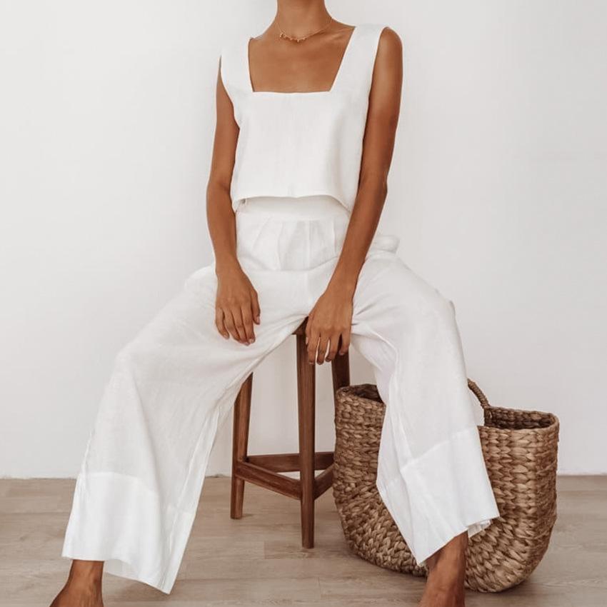 1116 Summer New French Loose Casual Wide Leg Pants Square Neck Vest Women's Casual Cotton and Linen Suit
