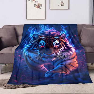 1PC Tiger with Blue Flame Print Adult Children Warm Blankets Home Travel Car Soft and Comfortable Suitable for All Seasons