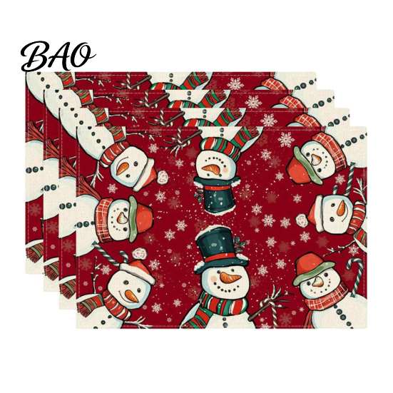 Christmas Table Mat 4Pcs Linen Placemat Set, Cartoon Snowman Gingerbread Gnome Durable Mats Mat, Heat Resistant Place for Holiday Party Placemats
