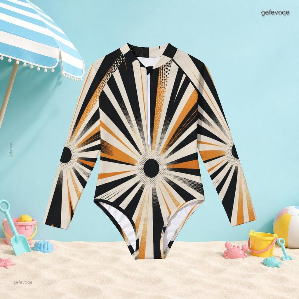 Girls High Neck Long Sleeve Front Zip Geometric Printed One Piece Swimsuit