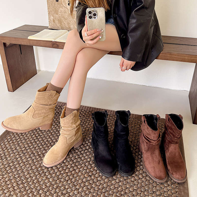 Short Boots Children's Coarse Heel Medium Tube Pile Boots Women's New Autumn Merad Western Cowboy Martin Boots