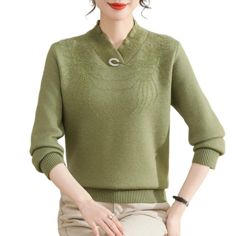 Mom pullover autumn and winter fleece thickened red sweater medium and old women's integrated fleece warm knitted bottoming shirt
