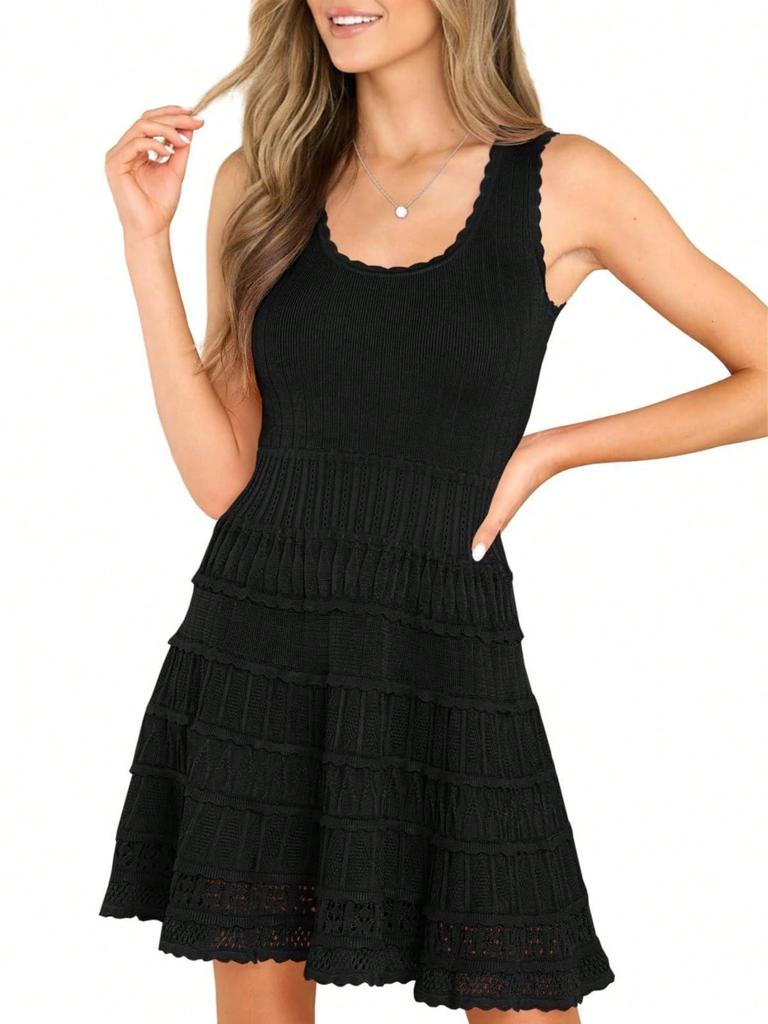 Women's Summer Tank Mini Dress Crew Neck Crochet Hem Flowy Knit Dress