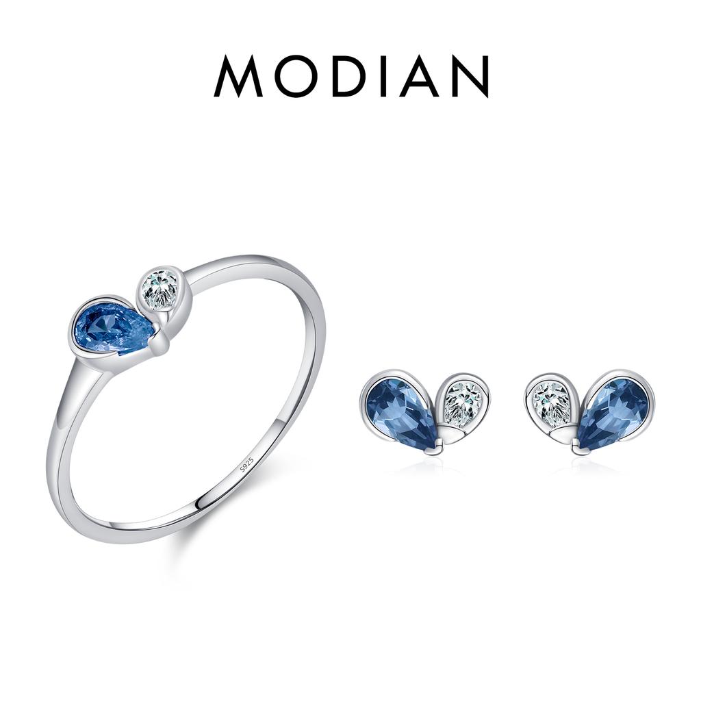 MODIAN 925 Silver Simple Tiny Romantic Blue & Pink CZ Hearts Jewelry Sets For Women Fashion Rings & Stud Earrings