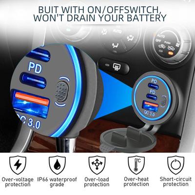 Doppelter PD QC3.0 Port USB Auto-Ladegerät-Buchse mit Schalter Wasserdicht Modifiziertes Auto-Ladegerät ABS Handy-Adapter für LKW Schiff 12V-24V