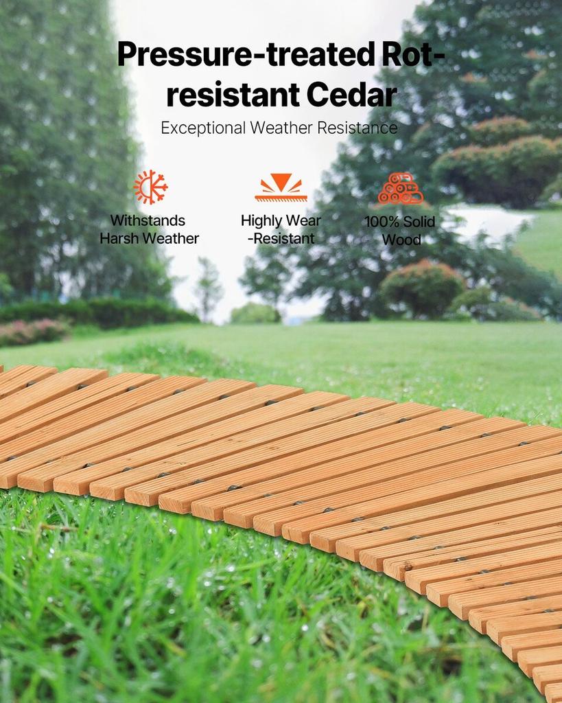 Wooden Garden Pathway, 8 Ft X 17 In, Non-Slip Curved Garden Walkway, Roll Out Cedar Outdoor Walkway Path with Wire Rope Connection, Decorative Lawn