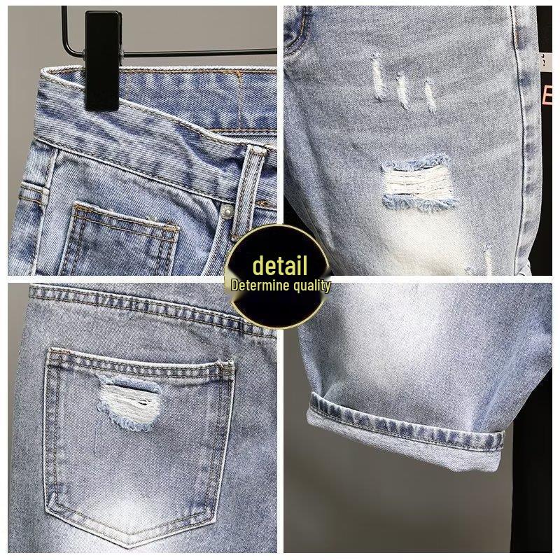 Men's Trendy Light Blue Ripped Denim Shorts, Korean Style Slim Fit with Distressed Pockets.