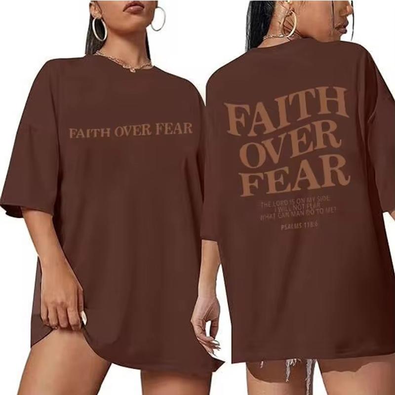 FAITH OVER FEAR T-Shirt W Za Dużym Rozmiarze Chrześcijańskiej Luźnej Koszulki Damskiej Modnej, Bawełnianej Bluzki Estetycznej