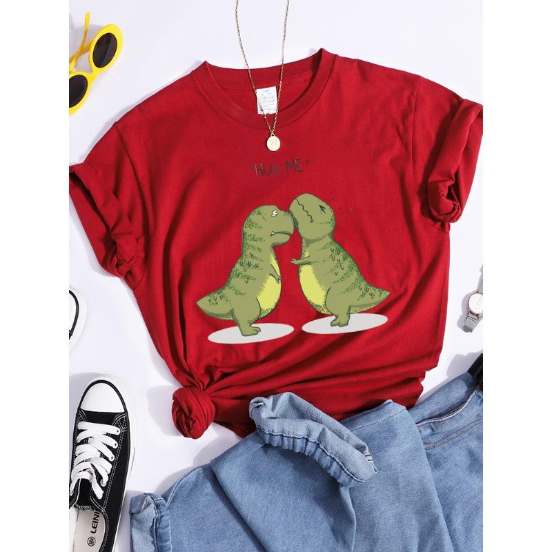 Hug Me Kawaii Green Little Dinosaur Women T-Shirt Summer Casual T Shirts Street Hip Hop Crop Top Personality Breathable T Shirt