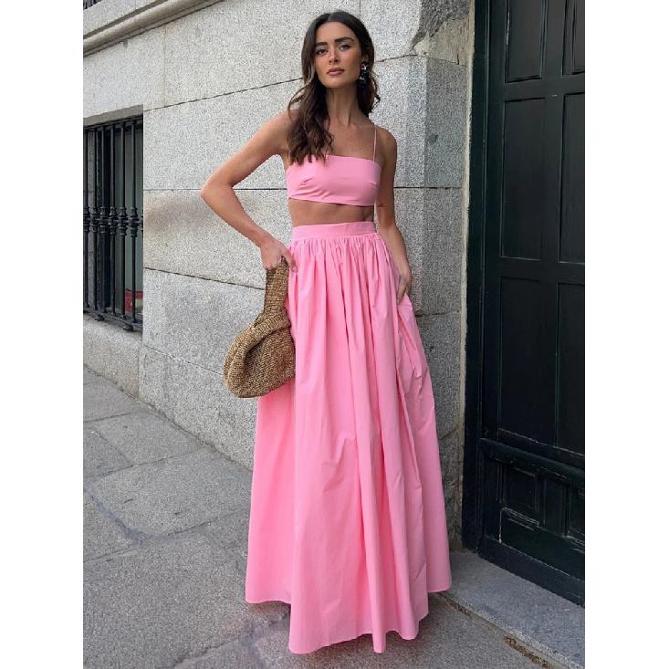 

Жіночий комплект топ-труба та спідниця з відкритими плечима, блузка на бретелях, вільна, з еластичною талією, максі-спідниці, жіночий костюм, літній жіночий верхній одяг L рожевий