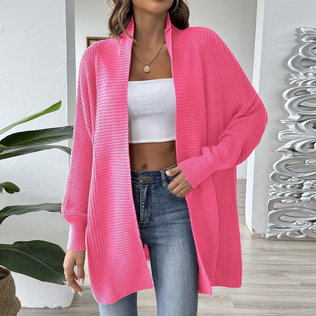 Women's Long Sleeved Solid Color Medium Length Knitted Cardigan Jacket Sweater Knitted Sweater