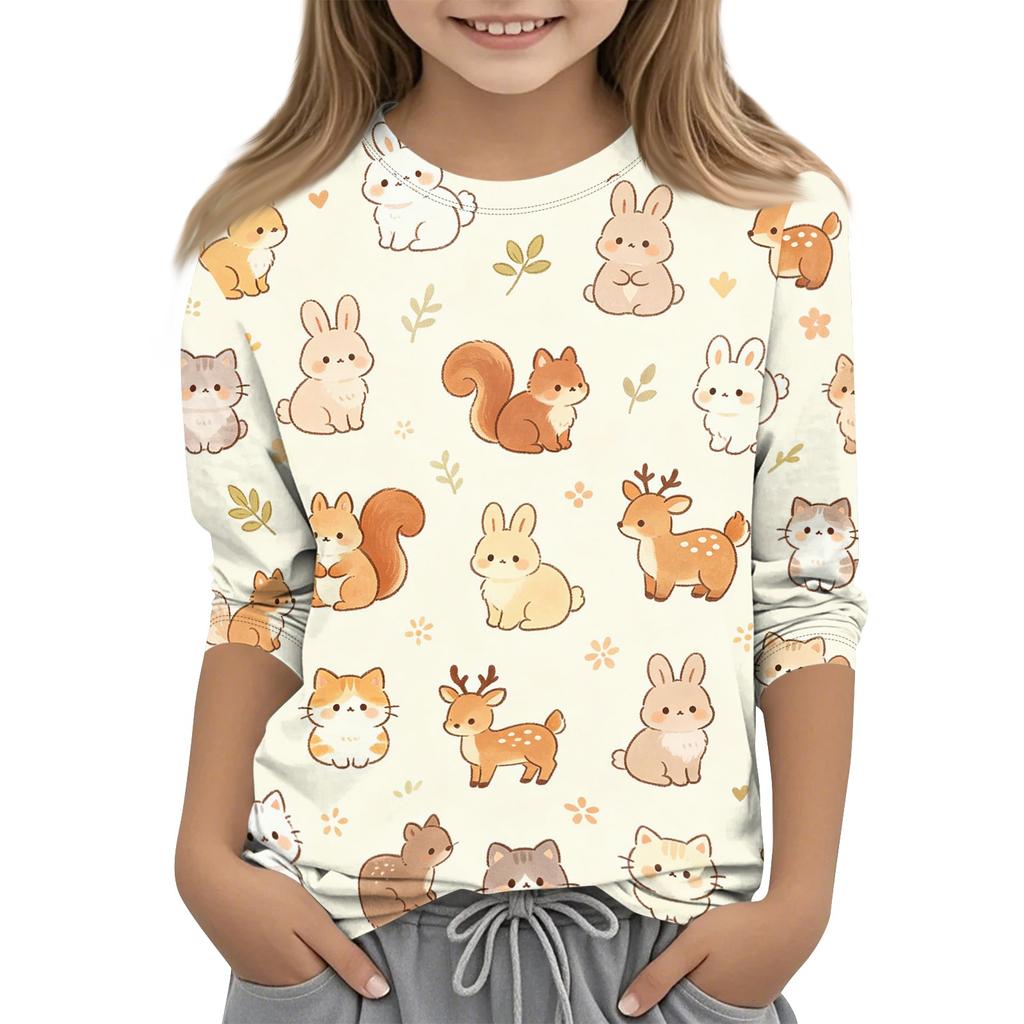 Kinder Tierdruck Rundhals Dreiviertelarm Lässiges T-Shirt Weicher Stoff Bequeme Passform Leichtes Design