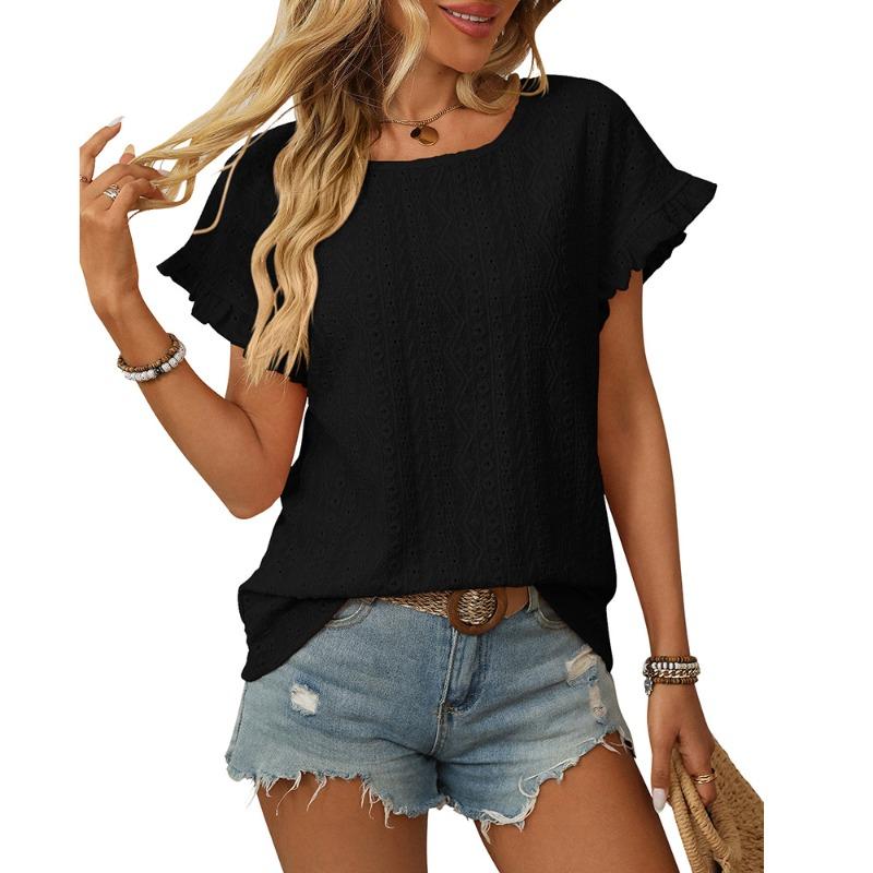 Women's Spring and Summer New Solid Colour Round Neck Sweet Short-sleeved T-shirt Hollowed Out Tops