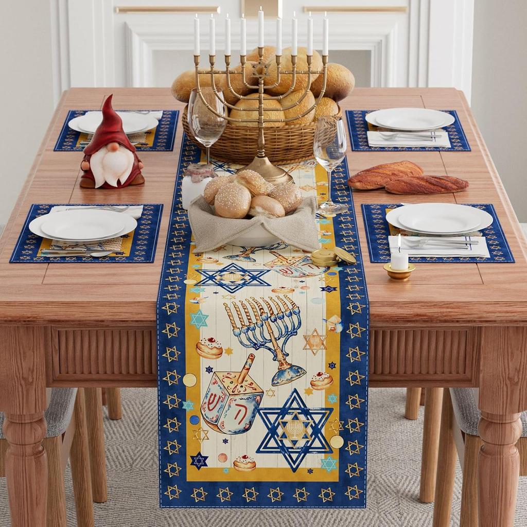 XCHI Hanukkah Six-Pointed Star Chanukah Menorah Dreidel Table Runner Table Decoration for Party Home Kitchen Dining Holiday Decor 13x72 Inch