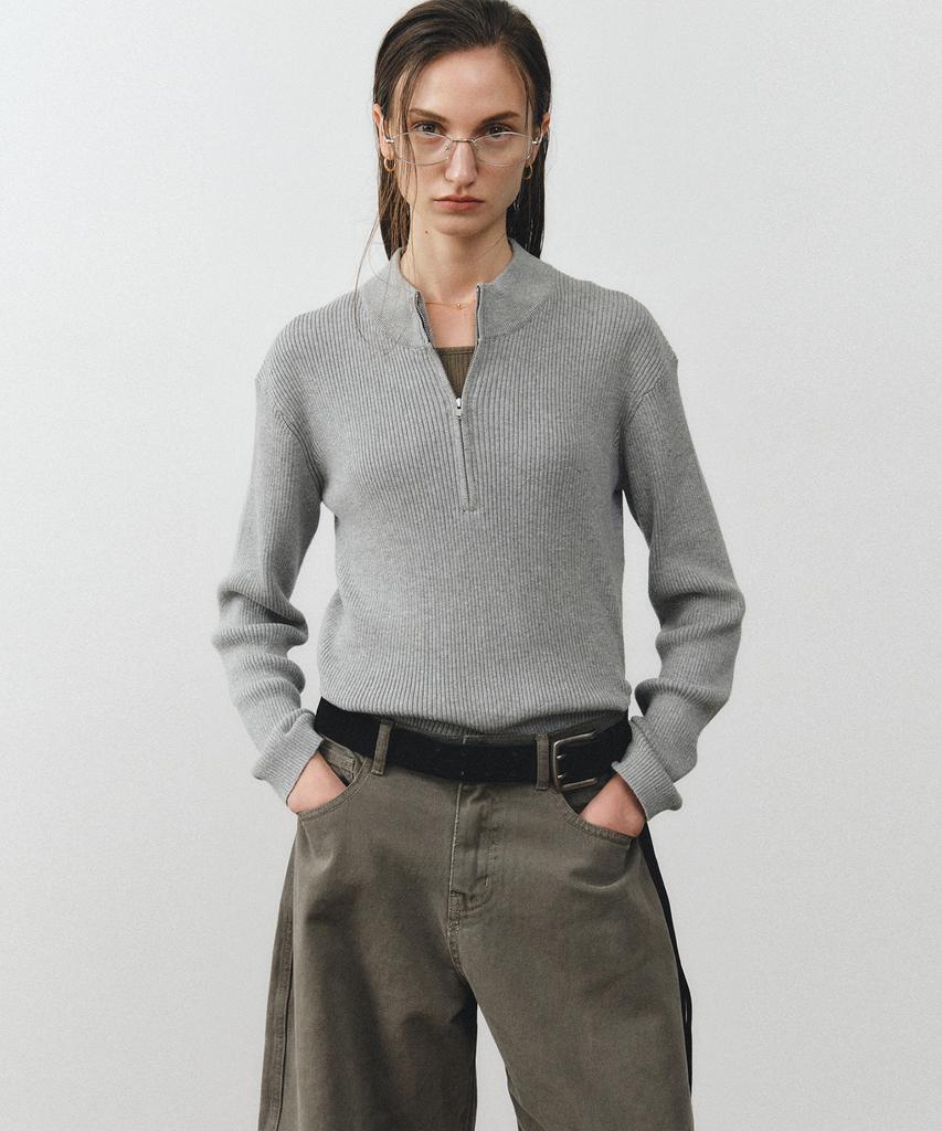 NOIRER FOR WOMAN Cotton Zip-Up Knit T-Shirt (Gray)