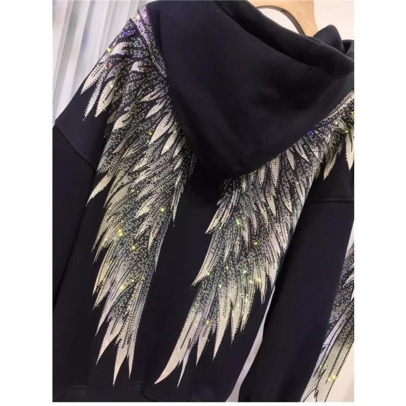 Damen-Kapuzenpullover für Herbst und Winter, Übergröße, schweres industrielles Heißbohren, leichtes Luxus-Flügelmuster vorne und hinten, mit Kapuze, langärmelig, wattierte Jacke, Sweatshirt