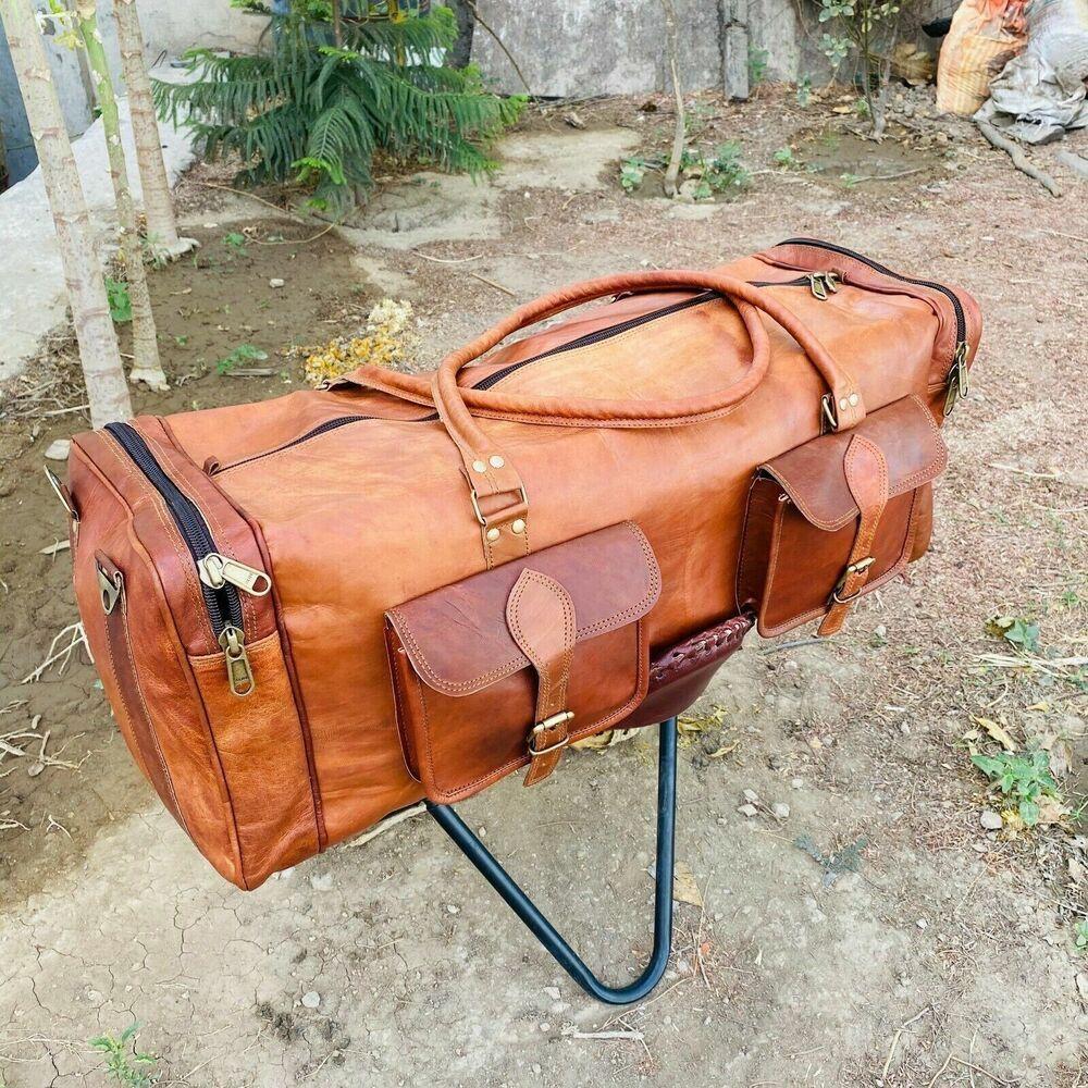 Hnědá Duffel Gym Genuine Vintage Nová kožená cestovní taška na kozí zavazadla