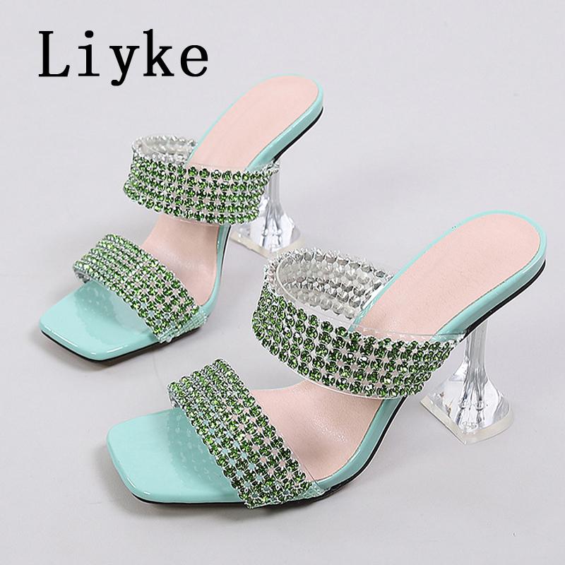 Fashion Liyke New Brand 9CM Strange High Heels Women Slippers Fashion Transparent PVC Rhinestone Sandals Summer Party Prom Shoes Ladies