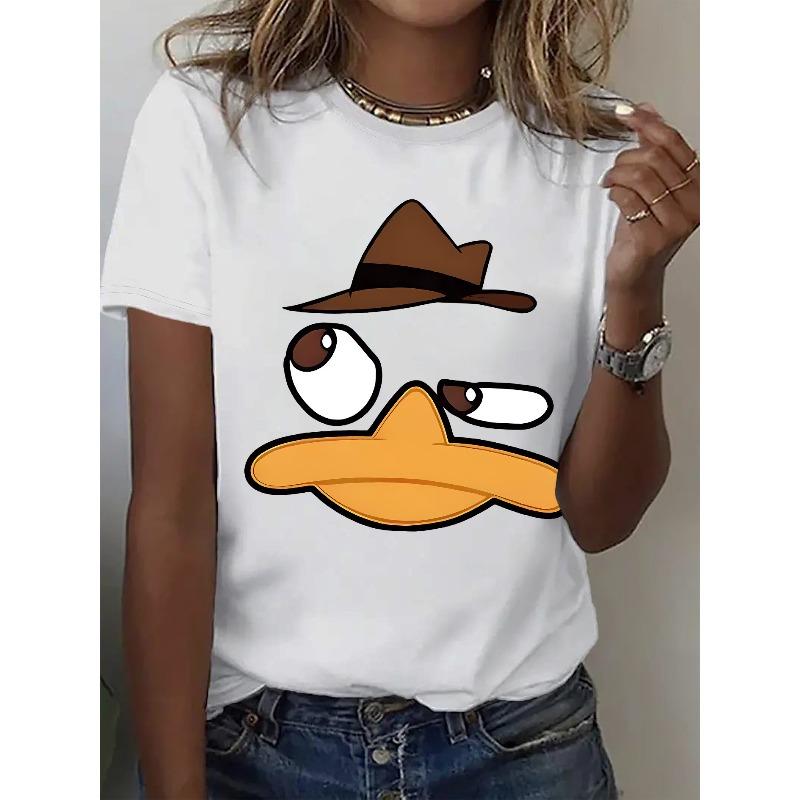 Damska koszulka z grafiką kaczki, z okrągłym dekoltem, krótkim rękawem, całoroczna, codzienna, z zabawnym nadrukiem