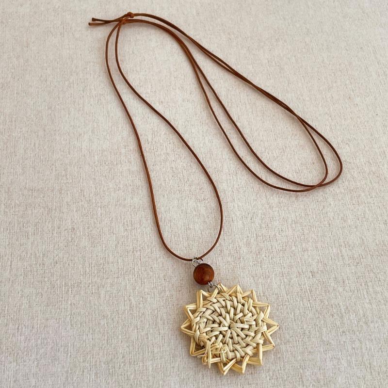 Bohemian Multi Layer Rattan Knit Hollow Water Drop Wood Bead Flower Pendant Necklace For Women Adjustable Rope Chain