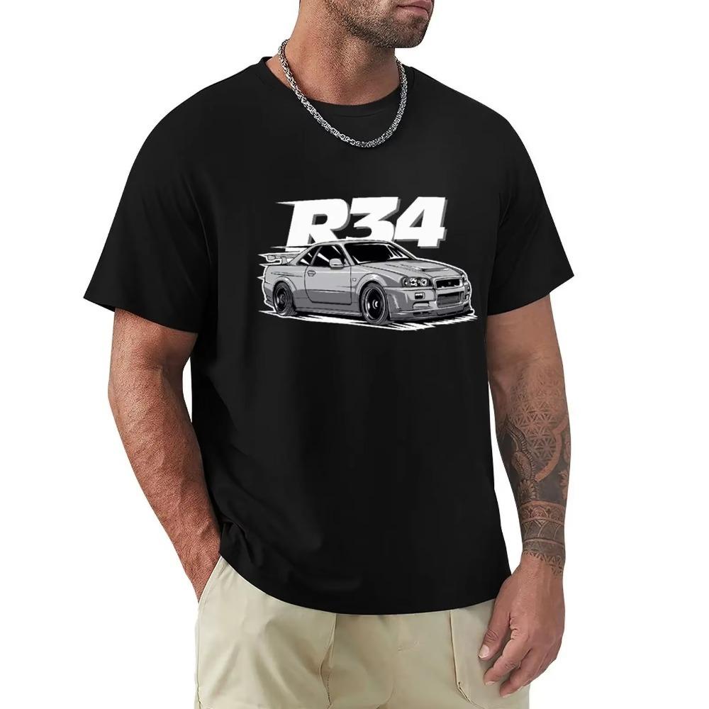 R34 T-Shirts Round Collar Car Automotive Tee Shirt Clothes Gift Idea T Shirt Harajuku Short Sleeve T-shirt Cotton Graphic Tshirt