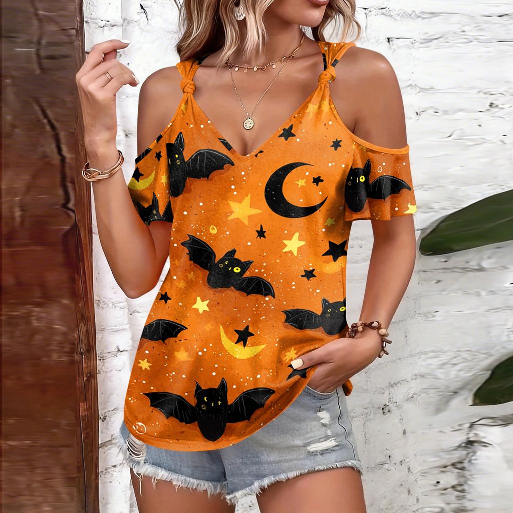 Women's Casual Halloween Print Tie Strap Cold Shoulder Short Sleeve T Shirt Lightweight Breathable Summer Top