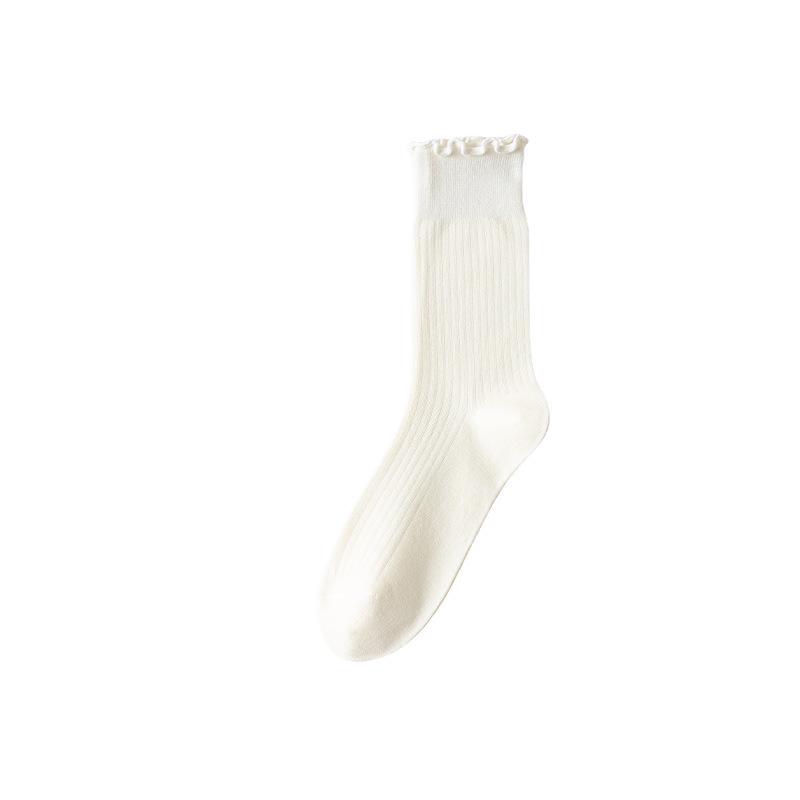 Japanese & Korean Style Ruffle Lace Mid-Calf Socks - Retro Vertical Stripe Design for Women