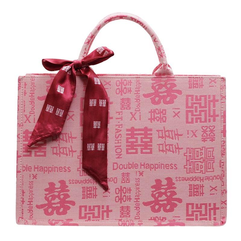 New Wedding Red Fashion Portable Tote Bag Women's Large-capacity Niche Design Baixi Character Canvas Wedding Bag