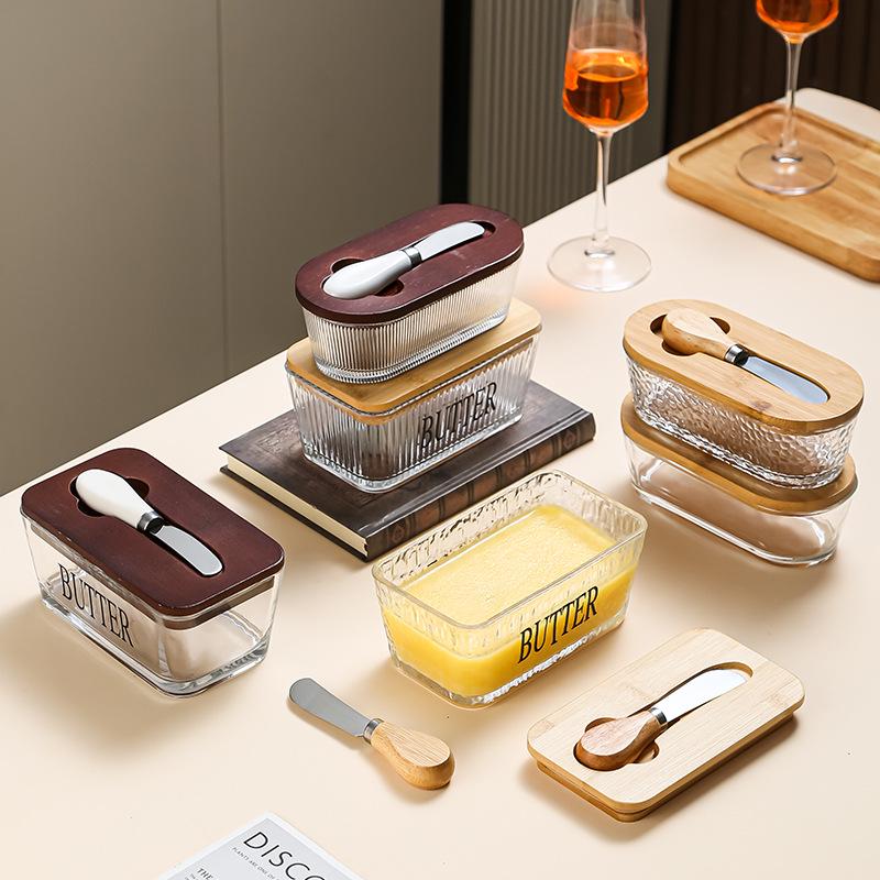Transparent Glass Butter Dish with Lid & Spreader - Cheese Fresh-Keeping Box for Home Use
