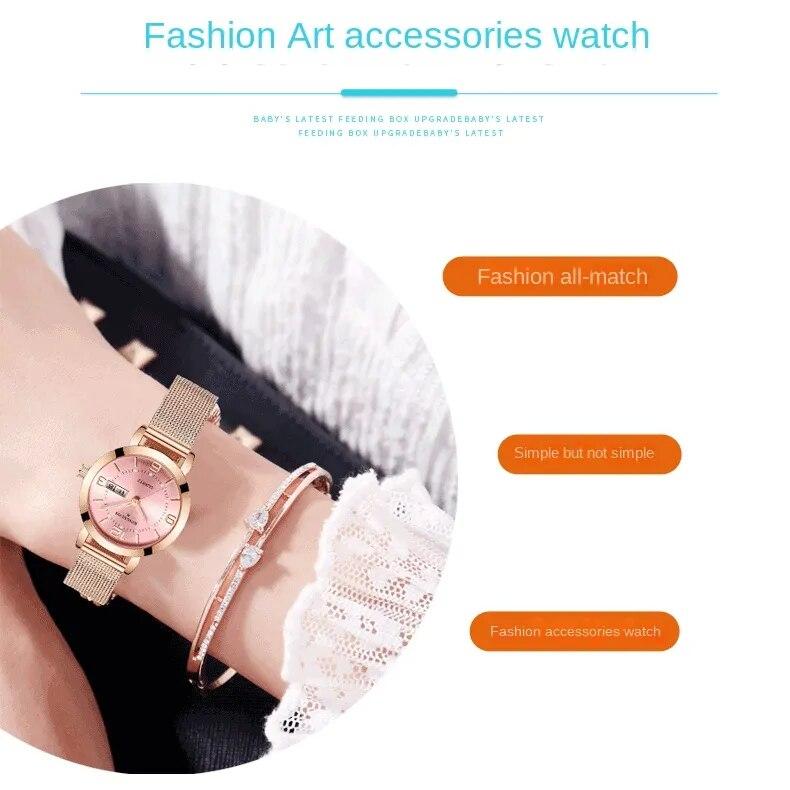 KINGNUOS Quarzuhr Nicht-mechanische Damenuhr Leuchtende wasserdichte Doppelkalender-weibliche Stahlband-Armbanduhr