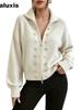 Solid Color Chunky Double Button Stand Collar Zip-Up Knit Cardigan Coat Autumn New Fashion Top