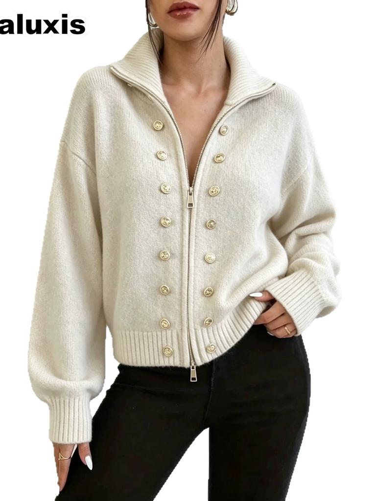 Solid Color Chunky Double Button Stand Collar Zip-Up Knit Cardigan Coat Autumn New Fashion Top