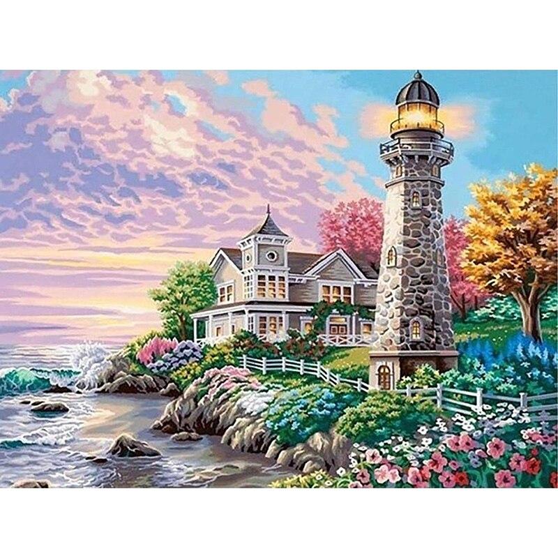 New 5D DIY Diamond Painting Lighthouse Diamond Embroidery Scenery Rhinestones Full Round Drill Craft Home Decor Art Gift